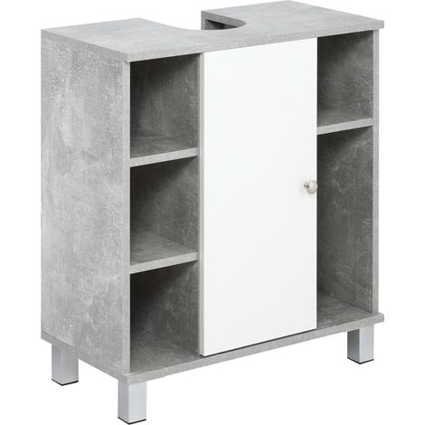 Meuble sous évier blanc et gris, avec découpe en U et 6 étagères en bois, meuble de rangement pour salle de bain, dimensions 60×30×68 cm (1/5)