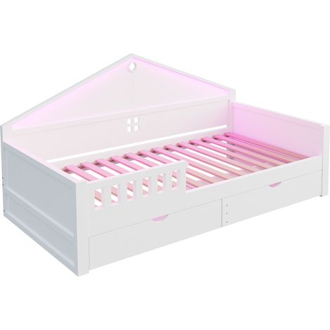Lit enfant 90 x 200 cm avec LED, 2 tiroirs, sommier à lattes, blanc (1/5)
