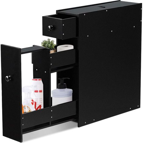 GOPLUS Armoire de Rangement au Sol, Multi-Couche d’Armoire de Finition dans la Salle de Bains, Casier Armoires de Type de Tiroir, Armoire Laterale, 16 x 48,5 x 58CM (Noir) (1/5)