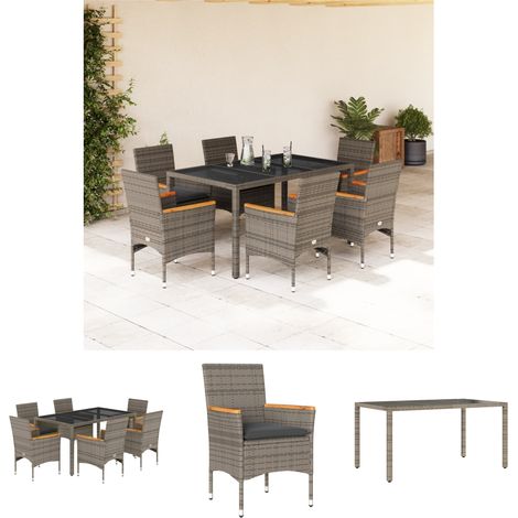 The Living Store 7-tlg. Garten-Essgruppe mit Kissen Grau Poly Rattan und Glas - Gartenmöbel-Sets (1/5)