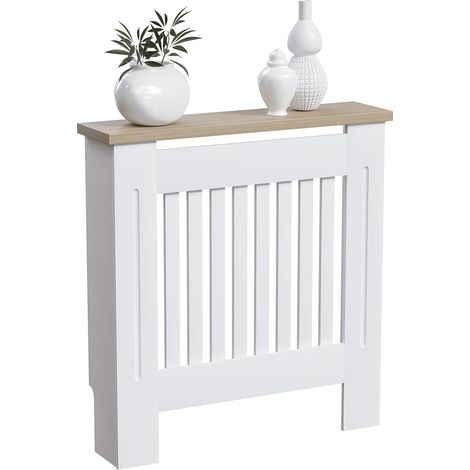 Cache-radiateur Blanc - Petit - Style Shaker Moderne Ă Lattes Verticales - H83.3xW78xD19cm - MDF Peint with Wood Top Shelf (1/5)