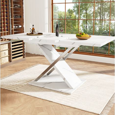 Mesa de comedor extensible 118-157/75/76,4 cm blanca con efecto marmol y patas cruzadas (1/5)