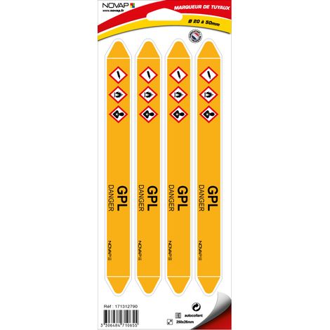 Planche de 4 marqueurs de tuyauterie 250 x 26 mm pour Ø 20 à 50 mm - GPL - 4710655