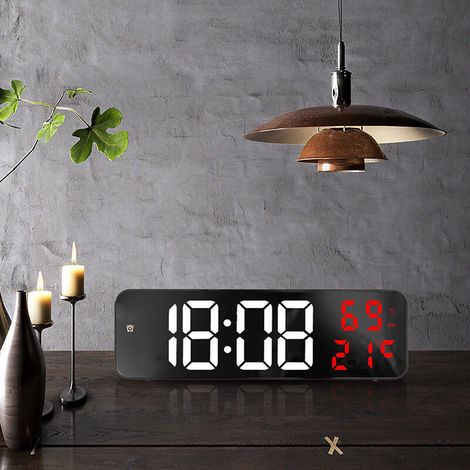 Revelation LED-Elektronikuhr mit großem Spiegeldisplay – Leuchtende Digitaluhr mit Wecker, Temperatur-/Datumsanzeige, Wand-/Tischmontage, weiß/roter Kunststoff, Netzanschluss