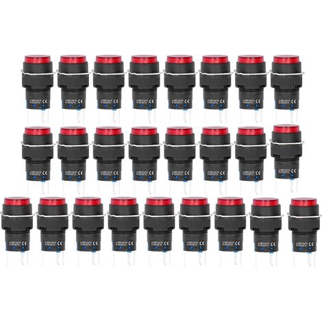 Packung mit 25 Miniatur-Runddrucktastern (16 mm) mit automatischer Rückstellung und 12-V-Kontrollleuchte für Automatisierungsgeräte (rot). (1/5)