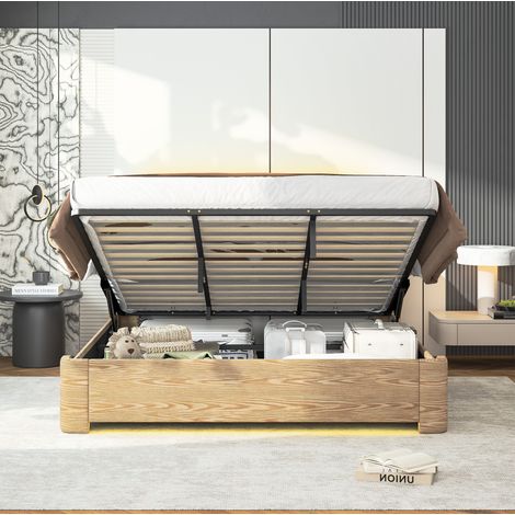 Lit king size coffre 180x200 cm avec LED et vérin hydraulique beige OKMYHOME (1/5)