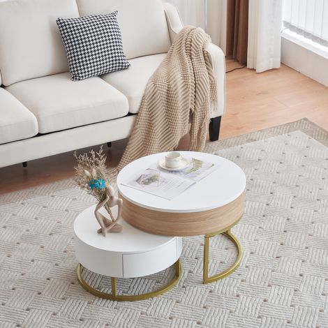 Lot de 2 Tables Basses Gigognes Rondes, Plateau Rehaussable avec Coffre de Rangement et Tiroir, Structure Métal Doré, Design Moderne Blanc et Bois pour Salon - φ70cm&φ60cm (1/5)