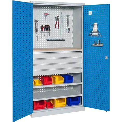 Armoire d'atelier perforée - 4 tiroirs, 2 étagères et tablette bois - W030080006-GCBI (1/3)