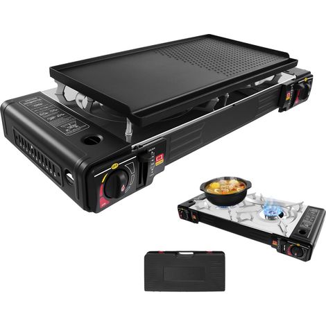 HAUTOUR Réchaud de camping portable 2 brûleurs avec plaque de gril, réchaud à gaz 2500W avec allumage piézo et sac de transport, réchaud de plein air pour camping, balcon, jardin, Noir/Argent (1/5)