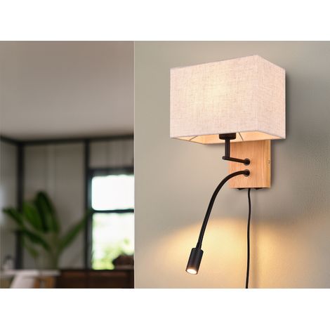 Wandleuchte NILAM mit LED Leselampe & eckigem Stoffschirm in Beige, Höhe 30cm (1/5)