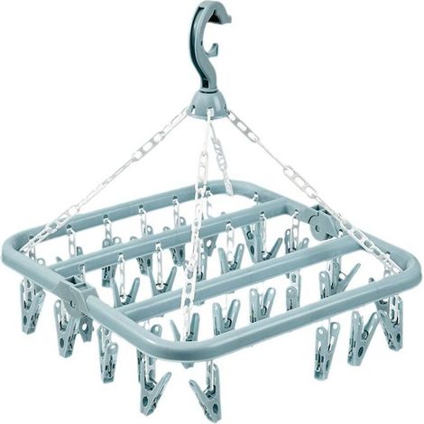 Étendoir à linge pliable avec 32 pinces - cintres - cintres en plastique - Étendoir multifonctionnel résistant au vent - Étendoir pour chaussettes et sous-vêtements - Étendoir à linge domestique en pl (1/5)