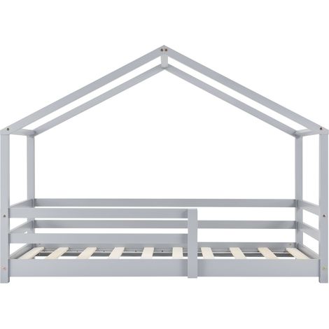 Cama-cabina para niños en forma de casita con barrera de seguridad en madera de pino gris 90 x 200 cm 030005529