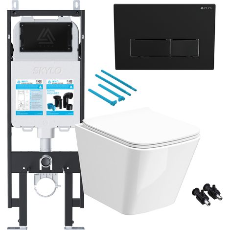 Gloss White Rimless Compact Square Wall Hung Toilet with 1.14m Concealed Cistern Frame Set - Black Plate (1/4)