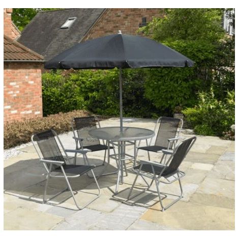 Garden Furniture Folding Patio Set Round Glass Table 4 Chairs 160 cm Parasol Durable Steel Polyester Design 6 chairs