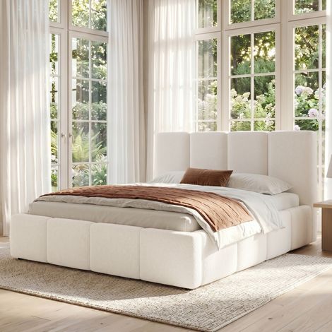 Polsterbett Doppelbett aus Bouclé in Beige 180x200 cm mit Kopfteil und Lattenrost (1/5)