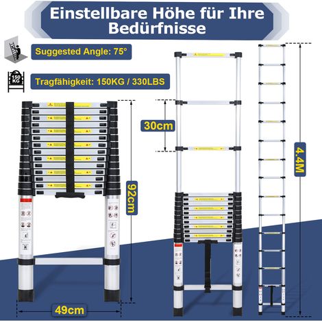 Wolketon Premium Alu Teleskopleiter Ausziehleiter Klappleiter Höhe 4,4M Antirutsch Mehrzweckleiter (1/4)