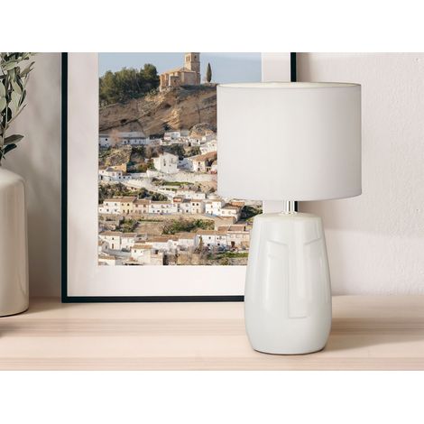LED Tischlampe Weiß mit Keramikfuß & Stoffschirm, Höhe 36,5cm (1/5)