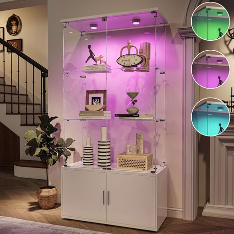 Vitrine en Verre avec Lumières LED, Meuble de rangement avec Armoires, 3 étagères et 2 portes, avec serrure, pour Collection, moderne, 164x78x35 cm, blanc