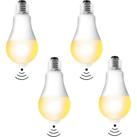 4er-Pack E27-LED-Lampen mit Bewegungsmelder. PIR-LED-Lampe, 12 W, warmweiß (3000 K), Lichtsensor, energiesparende E27-Lampe für Flur, Garage, Treppenhaus und Balkon.