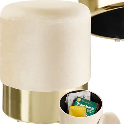 Tectake – Tabouret coffre de rangement rond en velours crème – Dimensions Ø36xH44,5 cm – Rembourrage qualité – Structure MDF et acier