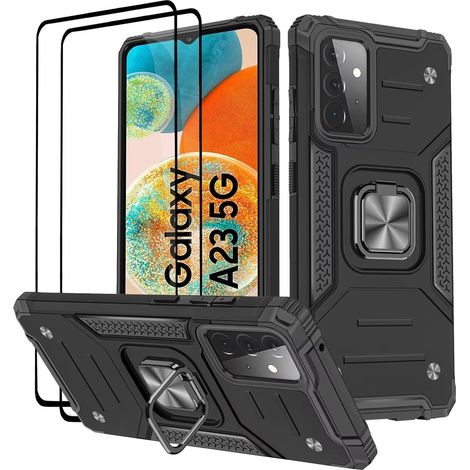Coque pour Samsung Galaxy A23 5G / 4G, Verre Trempé [2 Pièces] + Housse TPU Silicone Rotation 360° Aimant Anneau Support Double Défense Protection Etui - Noir (1/5)