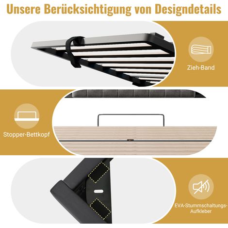 Lit 140x200cm avec coffre hydraulique et éclairage LED, sommier avec port USB/Type-C, tête de lit avec étagère et rangement, tissu lin gris (sans matelas) (1/5)