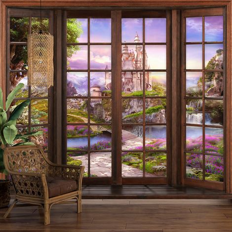 Papier peint panoramique Trompe l'oeil Fenêtre en bois Enfants - Château Enchanté - 130 cm x 104 cm (1/5)