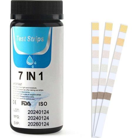 Analyseur d'eau 7 en 1 pour piscines et spas, 50 bandelettes de test, analyse le chlore, le pH, le brome, la dureté totale, l'alcalinité totale, l'acide cyanurique et le chlore total. (1/4)