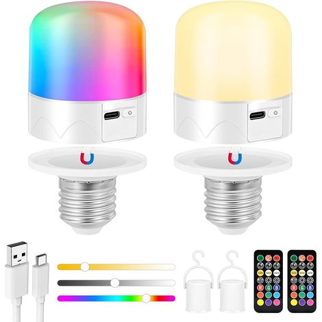 USB C Batterie Ampoule Rechargeable Avec Télécommande, 2 PACK Ampoule Rechargeable Magnétique Avec Interrupteur, RGB Couleur, 2000 Mah sur Batterie Secours (E27) (1/5)