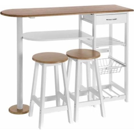 Ensemble de table et 2 tabourets de bar - JUANIO - 120x37x89 cm - Blanc/naturel - MDF - Rangement intégré (1/4)