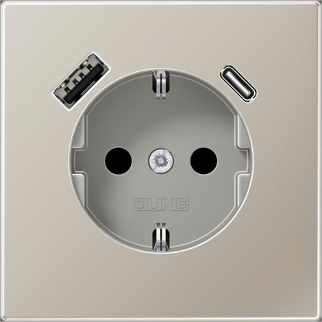 Jung SCHUKO®-Steckdose, 16 A 250 V , mit USB-Ladegerät, 1 x Typ A + 1 x Typ C, SAFETY+, Serie LS, Edelstahl ES 1520-15 CA (1/3)