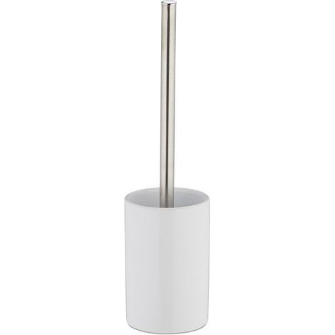 Porte-brosse WC en céramique avec brosse et tête remplaçable, manche rond en métal, 36 cm, blanc (1/5)
