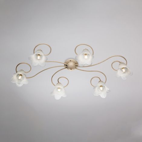 Plafonnier Alice Ivoire, Déco Or Antique, Verre Albâtre D.14, 6 Lumières 99X50 Cm, Ambiance Douce Et Chic