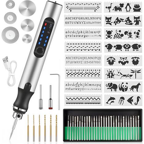 Elektrischer Gravierstift zum Gravieren von Metall, Glas, Keramik und Holz Gravierwerkzeug-Set mit 16 Schablonen, geeignet für DIY-Projekte, Bastelarbeiten und Zubehör. (1/5)