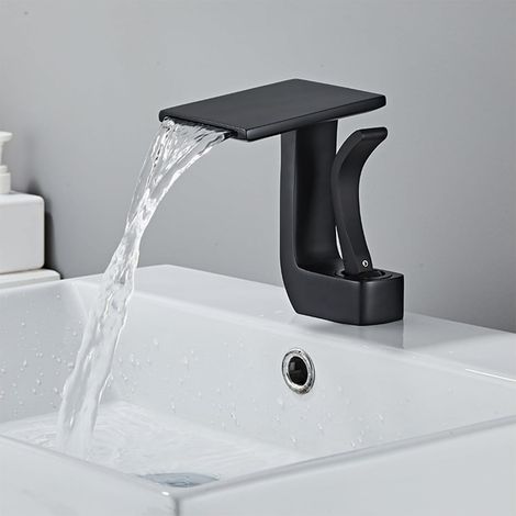 Wasserfallarmatur für Badezimmerwaschbecken, Warm- und Kaltwasser einstellbar, schwarz (1/3)