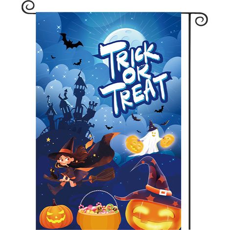 Bannière de jardin d'Halloween avec imprimé crâne, citrouille et visage de fantôme, en polyester, style américain, à suspendre en extérieur - 30 x 40 cm (polyester double face) - WSJ-42