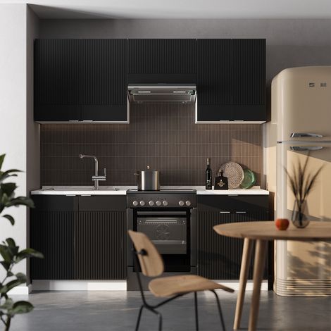 Mueble de cocina Fame-Line, Negro a rayas/blanco, 200 cm , ET Antracita, Vicco