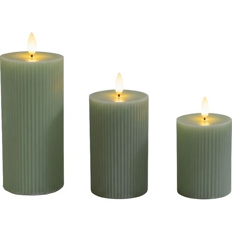 Bougies LED Relaxdays, lot de 3, 3 tailles, flamme vacillante, cire véritable, rainurées, sans flamme, sauge (1/5)