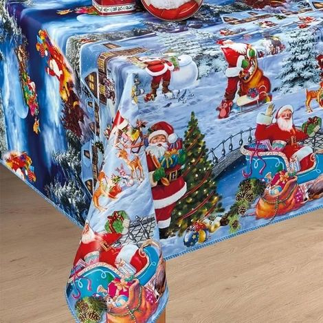 Nappe Toile Cirée de Noël – 140 x 150 CM – Blanche Neige Bleu Nappe Noël Festive Décoration – Imperméable Rectangulaire 140 x 150 (1/2)