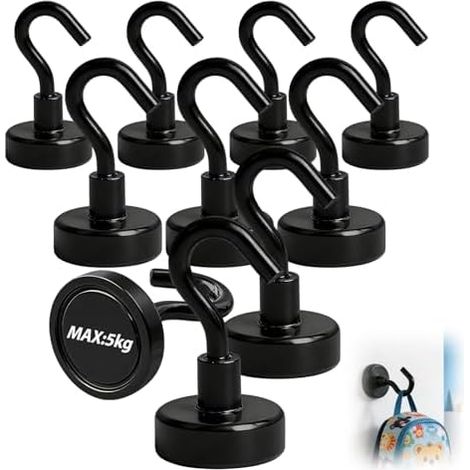10 Pièces Crochets Magnétiques, 5kg Super Puissance Magnétiques Extra Puissants en Néodyme Magnétique 15mm Aimanté pour Portes Cuisine Réfrigérateur Plafond Salle de Bain Serviette Noir - (1/5)