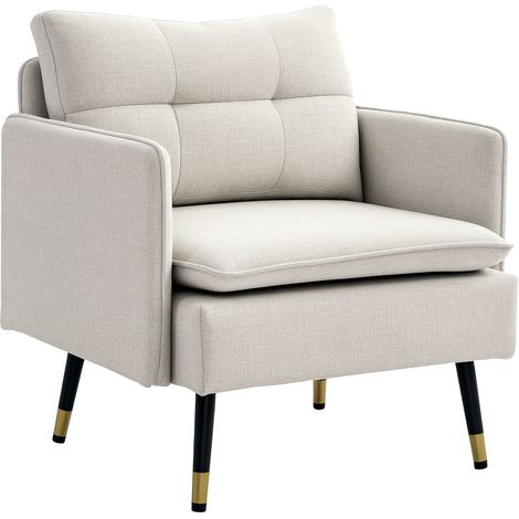 HOMCOM sillón de salón moderno butaca de salón tapizado en lino con cojines reposabrazos y patas de acero para dormitorio sala de estar oficina crema