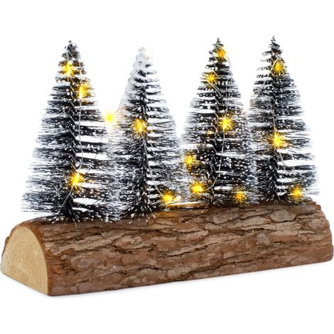 LED Tannenbäume mit Baumstammfuß warm weiß - 20 x 15 cm - Verschneite Bäume mit Beleuchtung Batterie betrieben - Weihnachten Advent Winter Deko Aufsteller Tischdekoration Fensterdekoration beleuchtet