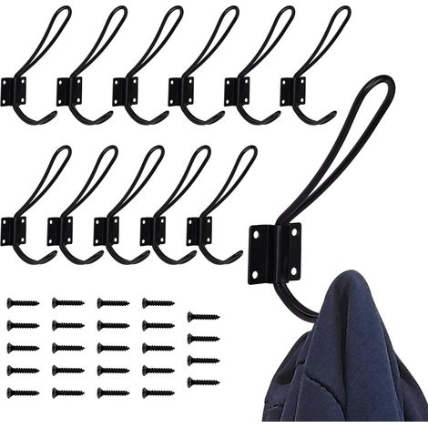 Lot de 12 Patères Murales Noires en Acier Solide - Crochets Double pour Vestiaire, Couloir, WC, Buanderie - Fixations Incluses, Design Industriel (1/2)