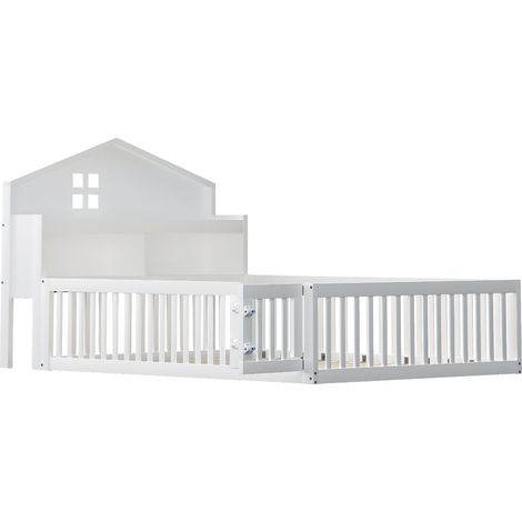 Cama infantil casa 140 x 200 con barrera, puerta, almacenamiento y somier, blanco (1/5)