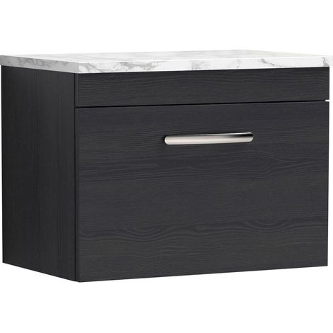 Millwich Contemporary 1 Drawer Wall Hung Vanity Unit with Laminate Carrara Marble Worktop, Charcoal Black, 600mm
