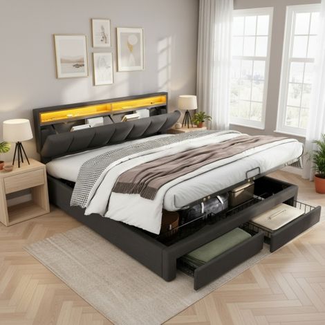 LED Double Bed with Hydraulic Storage,4ft6 (135x190cm),Steel Frame,Grey Linen,Foam Headboard,Drawers and Compartments