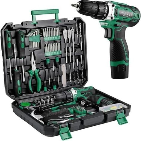 Caisse a Outil Perceuse à Percussion Sans fil 12V, Boîte Outils 138 Pièces Malette complete avec Perceusepour Réparation, Entretien et Travail pour Jardin, Bureau, Domicile Vert - (1/5)