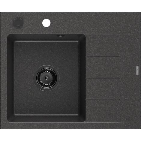 Mexen Ben évier granit 1 bac avec égouttoir gauche 600 x 500 mm, noir moucheté, siphon noir - 6522605000-76-B (1/5)