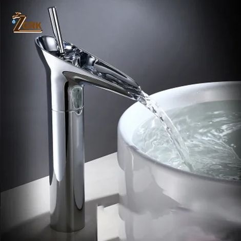 (SLT071L-S-Brass) Robinet de lavabo classique style antique, robinet cascade pour salle de bain, robinet eau chaude/eau froide, monotrou en bronze, type verre à eau. (1/5)