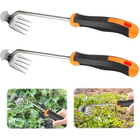 2 Pièces Arrache Mauvaise Herbes Jardinage,Outil de Désherbage Manuel,Poignée en Caoutchouc à 4 Dents Artefact Désherbage Jardin,Pour Désherber les Champs Avec Manche